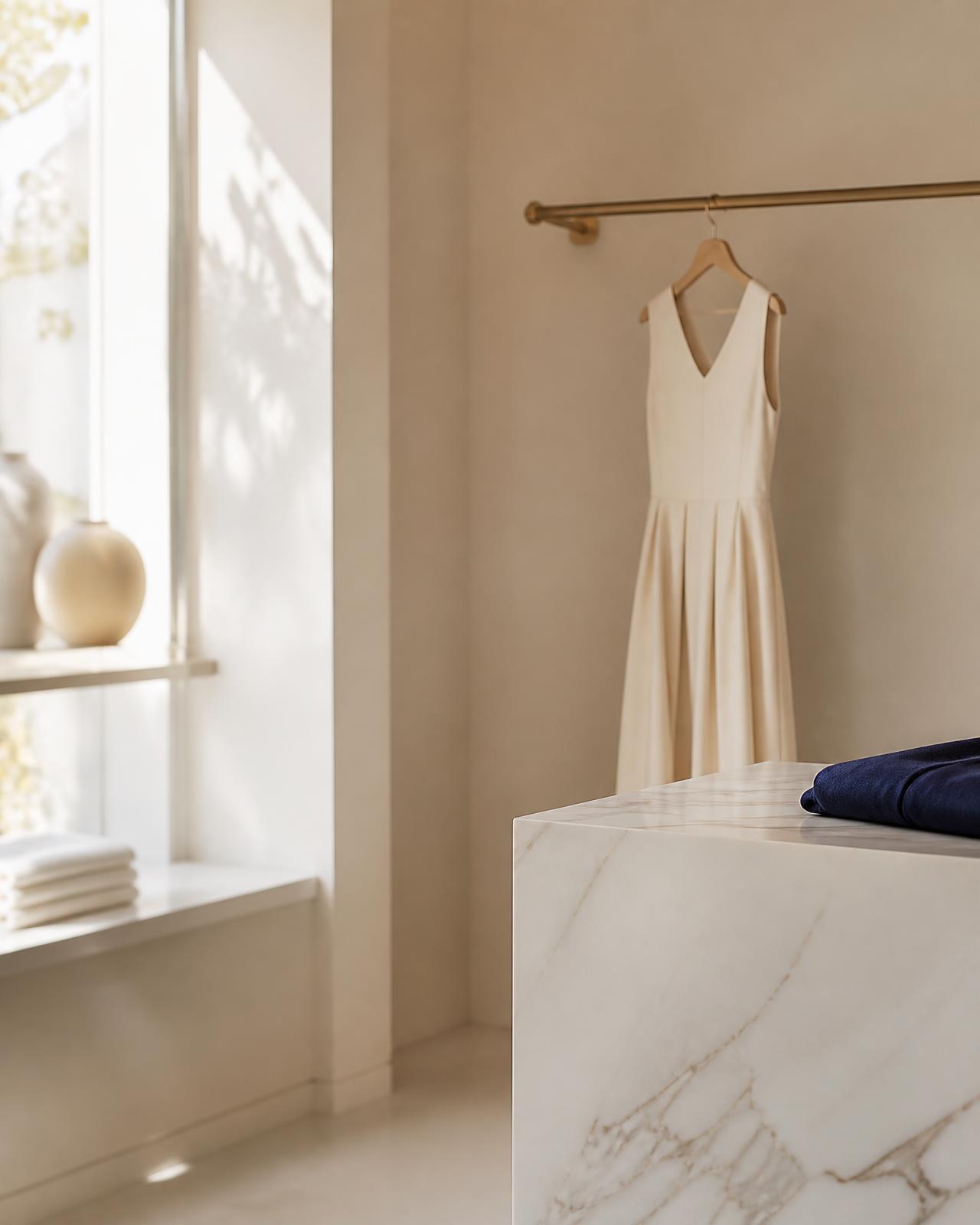 Interior claro e minimalista de uma boutique de moda